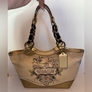 Rare Coach Y2K Tattoo Pegasus Skull Tote Limited Edition Gold Canvas Bag